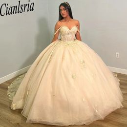 Champagne Floral Appliques Lace Quinceanera Dresses Ball Gown Off The Shoulder Corset Vestidos De 15 Anos