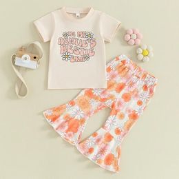 Clothing Sets Lioraitiin Toddler Baby Girl Summer Outfits Letter Print Short Sleeve Tops T-Shirts Flower Flare Pants 2Pcs Clothes Set