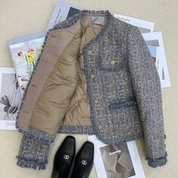 Chic Tweed Jacket Women Outwear Autumn Winter Thicken Warm Parker Coats Tassel Down Liner Velvet Short Wool Coat 240307