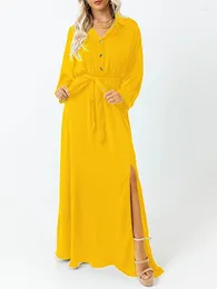 Casual Dresses Women Party Shirt Dress 2024 VONDA Elegant Belt Split Maxi Long Fashion Solid Colour Sundress Loose Robe Vestidos