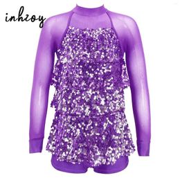 Stage Wear Kids Girls Sparkling Sequins Jazz Latin Dance Leotard Dress Gymnastic Jumpsuit Mesh Long Sleeve Modern Ballet Dancewear Biketard