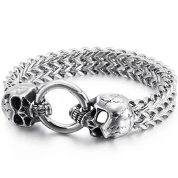 Link Chain Gothic Double Skull Man Bracelet In Stainless Steel Mens Charm Bracelets Steampunk Skeleton Jewellery Guests GiftsLink324c