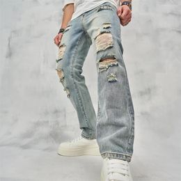 Men's Jeans Spring Men Loose Ripped Straight Slim Blue Trousers Male High Street Hip Hop Distressed Stylish Jogging Denim Pants