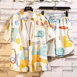 Conjunto de homens verão gelo seda mangas curtas um conjunto tendência de duas peças casual praia dos desenhos animados casal flor camisa