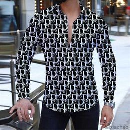 Mens Casual Shirts 2023 Summer Letter Print Mens Polo Shirt Slim Fit Long Sleeve Button Four Side Elastic