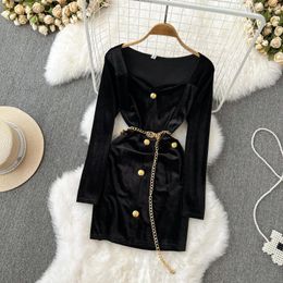 Casual Dresses Autumn And Winter Korean Style Ladies Temperament Square Neck Long Sleeve Waist Slim Gold Velvet Bag Hip Dress