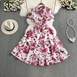 Casual Dresses New Summer Runway Flower Butterfly Shirt Dress For Women's Short Sleeve With Belt Vintage Print Beach Party Midi Vestidos 2024