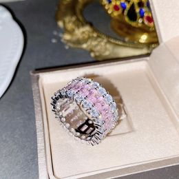 Cluster Rings 925 Silver Pink Diamond Geometric Zircon Wedding Band For Women Statement Bridal Finger Ring 2024 Korea Fashion Jewellery