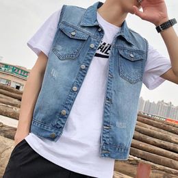 Men's Vests Denim Waistcoat Sleeveless Jacket With Ripped Holes Pockets Single Breasted Washed For Casual Loose A