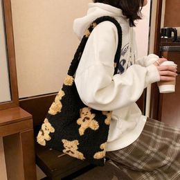 School Bags Women's Girls Fluffy Shoulder Bag Cute Bear Print Top-handle Female Autumn Winter Handbag Plush Tote Fashion Shop213a