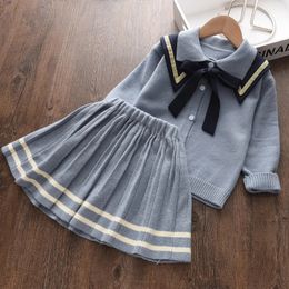 Menoea Baby Girls College Suits Spring Winter Children Sweater Button 2 Pcs/Suit Bow Skirt Kids Tweed Clothes Sets Girls Dresses 240229