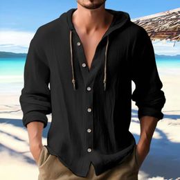 Mens Cotton Linen Shirt Solid Color Long Sleeve Hoodie Cardigan For Male Tops Casual Loose Button Man Shirts 240306