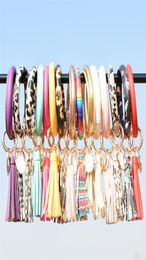 Women Tassels Bracelets PU Leather Party Wrap Key Ring Party Leopard Lily Print Key chain Wristband Drip Oil Circle Bangle Wristlet Keyring for Girls1094807