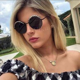 Luxury Beads Round Sunglasses Women Fashion Alloy Frame Brand Pearls Designer Sun Glasses For Female Black Shades UV400 New339O