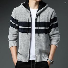 Men's Sweaters Winter Hooded Zipper Knitted Fleece Cardigan Korean Style Fashion Sweater Male Thick Velvet Patchwork Long Sleeve