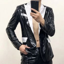 Suits High Quality Black Mirror Glossy Leather Silver Patchwork Blazers 2023 Men's Oversized Nightclub Performance Custom Top