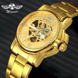 WINNER Official Luxury Women Watches Automatic Mechanical Golden Heart Skeleton Dial Stainless Steel Band Elegant Ladies Watch 201240W