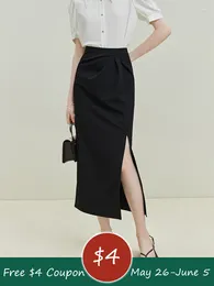 Skirts FSLE Women French Style A-LINE High Waist 2024 Solid Temperament Slit Female Long Skirt Office Lady Summer Mid-Calf