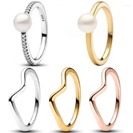 Cluster Rings Authentic 925 Sterling Silver Ring Rose Golden Shine POLISHED WAVE Pearl With Crystal For Women Birthday Jewellery