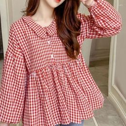 Women's Blouses Pullovers Buttons Printing Plaid Office Lady Young Style Cute Fashion Loose Long Sleeve Sweet Clothing O-neck