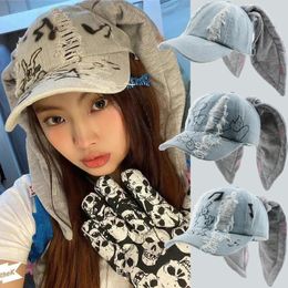 Y2K Style Denim Blue Baseball Cap Jeans MinJi Haerin OMG Stage Long Rabbit Ear Hat Fashion Hip-Pop Cap Couple Birthday Gifts 240227