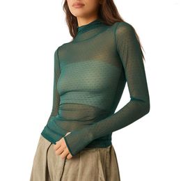 Women's T Shirts Women Y2k See Through Blouse Turtleneck Long Sleeve Polka Dot Sheer Mesh Crop Tops Fairy Grunge Clothes Streetwear