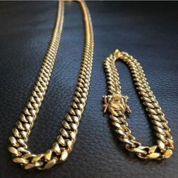 10mm Mens Cuban Miami Link Bracelet & Chain Set 14k Gold Plated Stainless Steel276H
