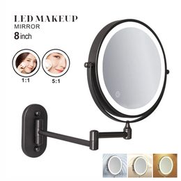 8 inch Wall Mounted Makeup Mirror Black 3X10X Magnifying 3 Colour LED light Double Side Bathroom Smart Shaving Cosmetic Mirrors 240228