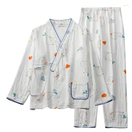 Ethnic Clothing White Cotton Kimono Pyjamas Women's Buckle Long Sleeve Trousers String Cartoon Home Suit Thin Soft