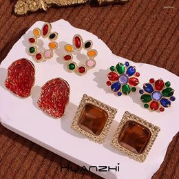 Stud Earrings Square Resin Irregular Oval Red Colourful Dripping Glaze Hollow Out Flower Metal For Women Girl Eleglant Jewellery