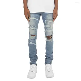 Men's Jeans Men Pencil Pants Denim Holes Mid Waist Pockets Washing Slim Slight Strech Zipper Flat Ankle Length High Street