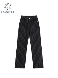 Dress 2022 Autumn Pants Wide Leg Black Stripe Jeans for Women Vintage Full Length High Waist Denim Trousers Streetwear Tide New Thin