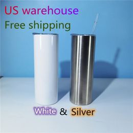 Local Warehouse 20oz Straight Sublimation Tumblers Clear Straws and sealed lids Stainless Steel Glossy blank white Double wall Vac321W