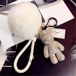 Bomgom Crystal Popobe Gloomy Bear Strass Keychain Car Key Holder Bag Charm Holder Fur Pom pom Leather Key Chain Key Ring Pendant 2279W