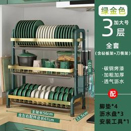 Kitchen Storage SH 2024 Year AOLIVIYA Multi-function Dish Rack Green Gold Three-layer Tableware Organizer Desktop Seasoning