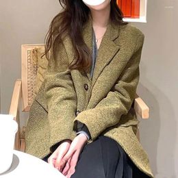 Women's Suits Autumn/winter British Style Short Woolen Suit Jacket Vintage Casual Herringbone Pattern Blazer For Woman