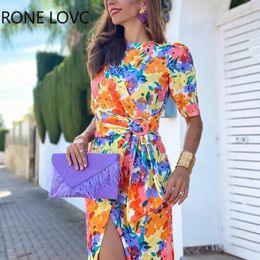 Women Elegant Round Collar Short Puff Sleeves All Over Print Oring Midi Formal Party Bodycon Dresses 240226