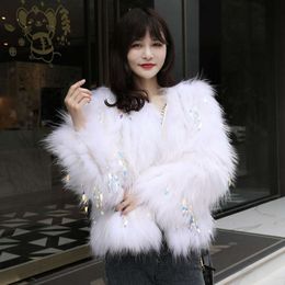 Haining Korean Celebrity Internet Version Creative Woven Coat For Women In Winter, White Raccoon Fur Fairy With Slim Car Strips 6221