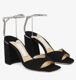 Top Luxury High Heel Shoe Summer Walk Saeda Sandals Shoes Open Toe Platfrom Heels Women Crystal Chain Strappy Gladiator High Heel Sandalias Wedding Dress Walking