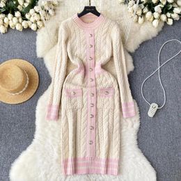 Casual Dresses Knitted Dress Autumn Color Stripes Narrow Thin Long-sleeved Base Twist Women