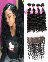 8A Grade Brazilian Virgin Deep Wave 4 Bundles with Lace Frontal Ear to Ear 13X4 Lace Frontal with Human Hair Weaves 5pcsLot7611480