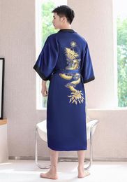 Men039s Sleepwear Shanghai Story Reversible Silk Satin Robe Kimono Relaxation Bathrobe Dragon Embroidered Night Gown8112160