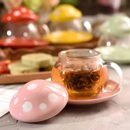 Cute Mushroom Ceramic Cover Saucer Glass Tea Water Separation Cup Filter Tea Cup Couple Coffee Milk Mug Drinkware Gift Set Gifts 240307