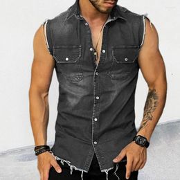 Men's T Shirts Vintage Solid Color Denim Vest Shirt Men Fashion Turn-down Collar Buttoned Sleeveless Tank Tops Spring Summer Trendy Jean