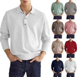 Mens Long Sleeve POLO Shirt Solid Colour Lapel Button Office Business Casual Pullover Fashion Sports T-shirt S-3XL 240306