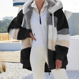 Women's Hoodies 2024 5XL Loose Women Hooded Jacket Warm Plush Casual Coat Mixed Colour Patchwork Winter Outwear Zipper Ladies
