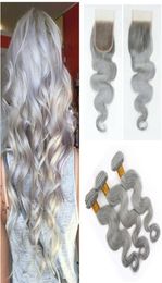 Brazilian Body Wave Human Hair Weave 3 Bundles Gray Human Hair Bundles With Closure Sliver Grey Virgin Hair 44 Top Closure3614081