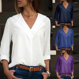 Women's T Shirts Fashion Womens Chiffon Solid T-Shirt Office Ladies Plain Roll Sleeve Blouse Tops