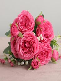 30cm Rose Pink Silk Peony Artificial Flowers Bouquet 5 Big Head and 4 Bud Fake Flowers for Home Wedding Decoration indoor Holding 5712177