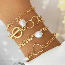 Charm Bracelets Trendy Punk Chain Bracelet Set For Women Rhinestones Gold Color Leaves Heart Pendant Open Girls Jewelry Party